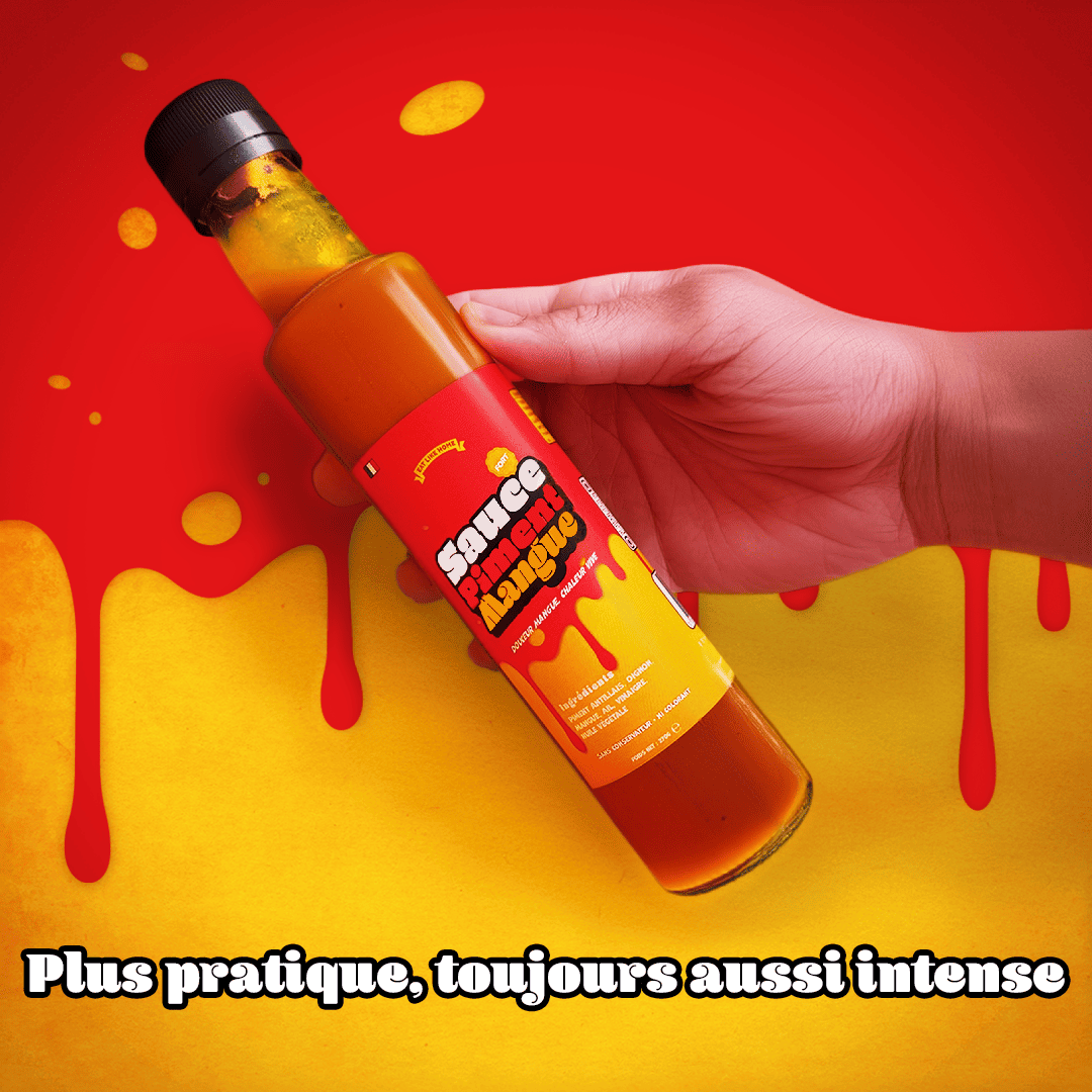 Bouteille de Sauce Piment/Pimentée à la Mangue de 270g vue de face dans un décor