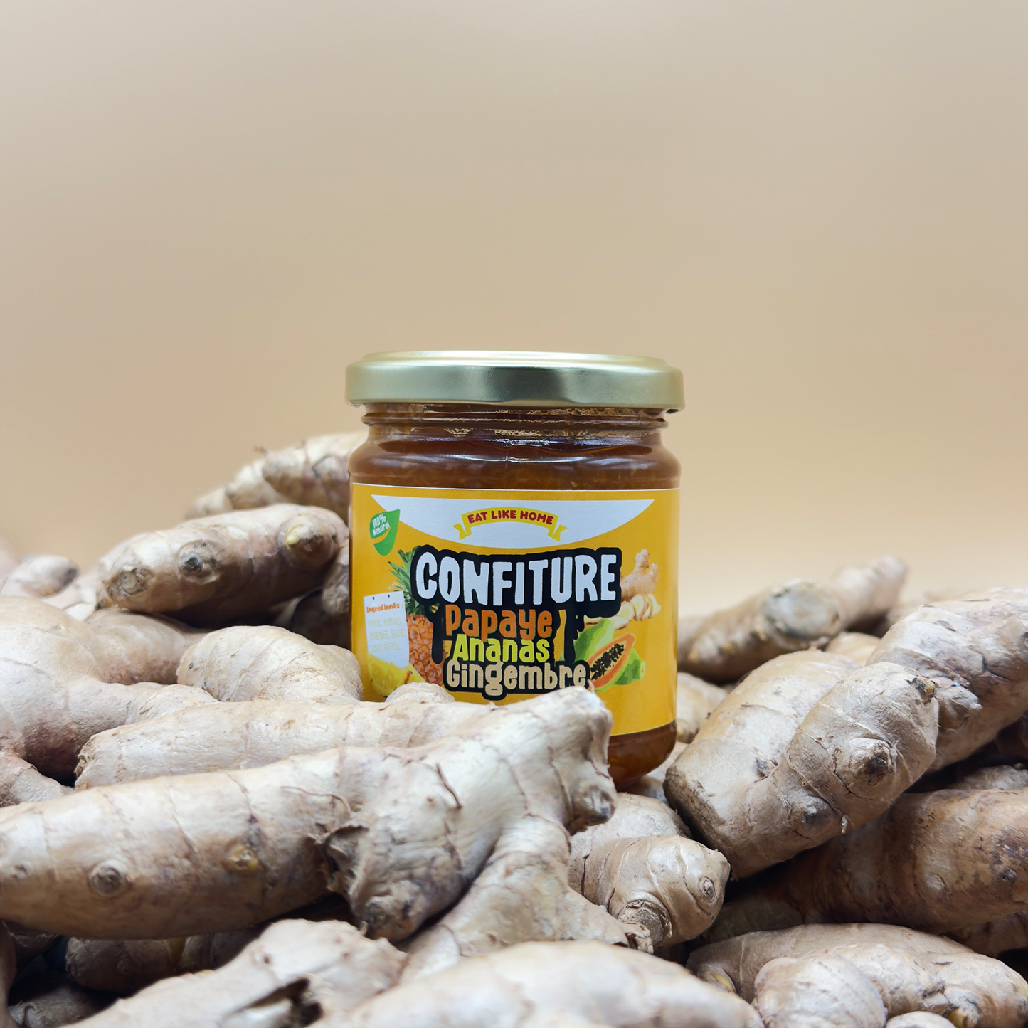 Confiture Papaye Ananas Gingembre 170G sur du gingembre