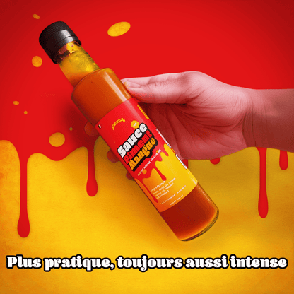 Bouteille de Sauce Piment/Pimentée à la Mangue de 270g vue de face dans un décor
