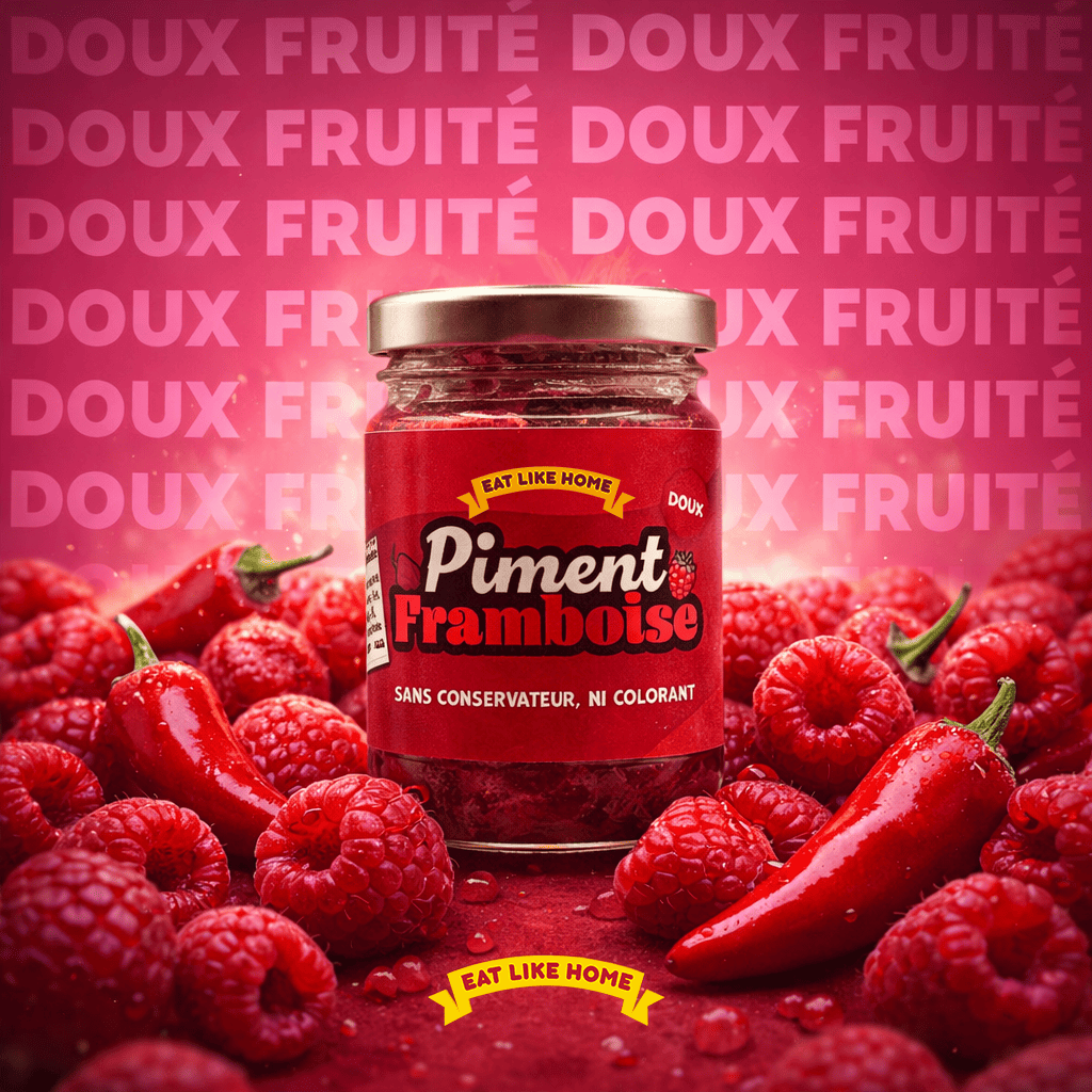 Le Piment Framboise 90g entouré de piments antillais et de framboises