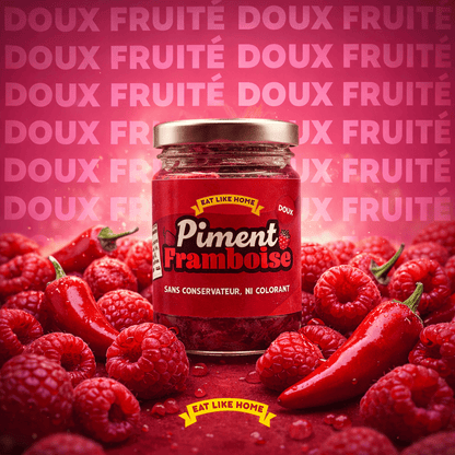 Le Piment Framboise 90g entouré de piments antillais et de framboises