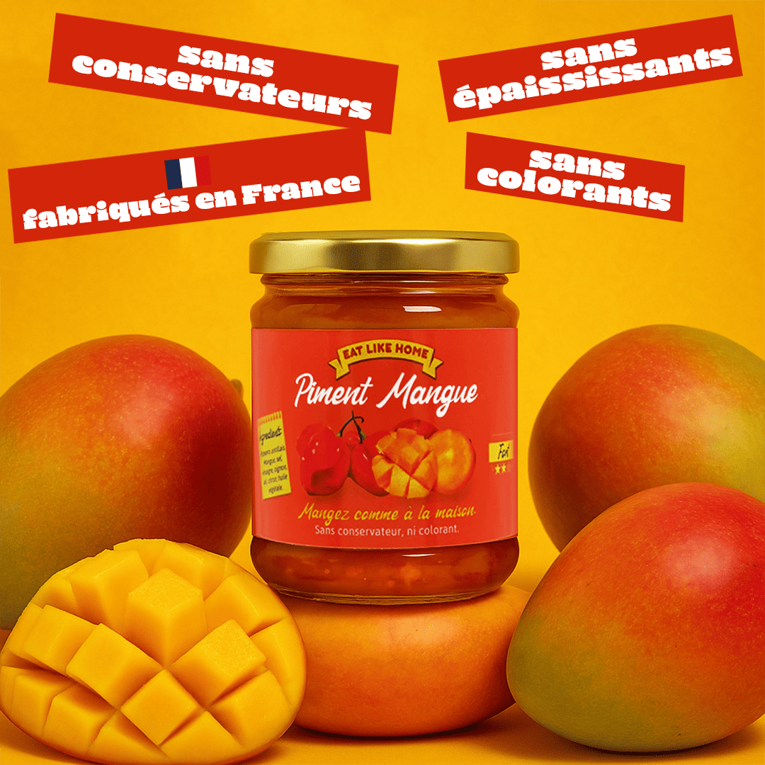 Le Piment Mangue 170g vue de face avec de la mangue autour