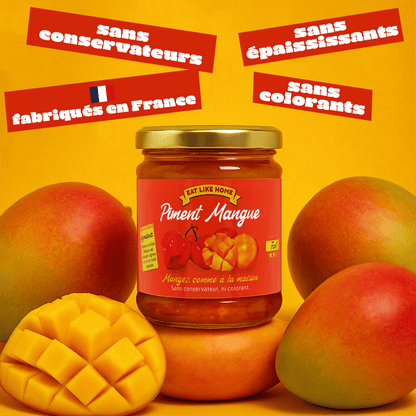 Le Piment Mangue 170g vue de face avec de la mangue autour